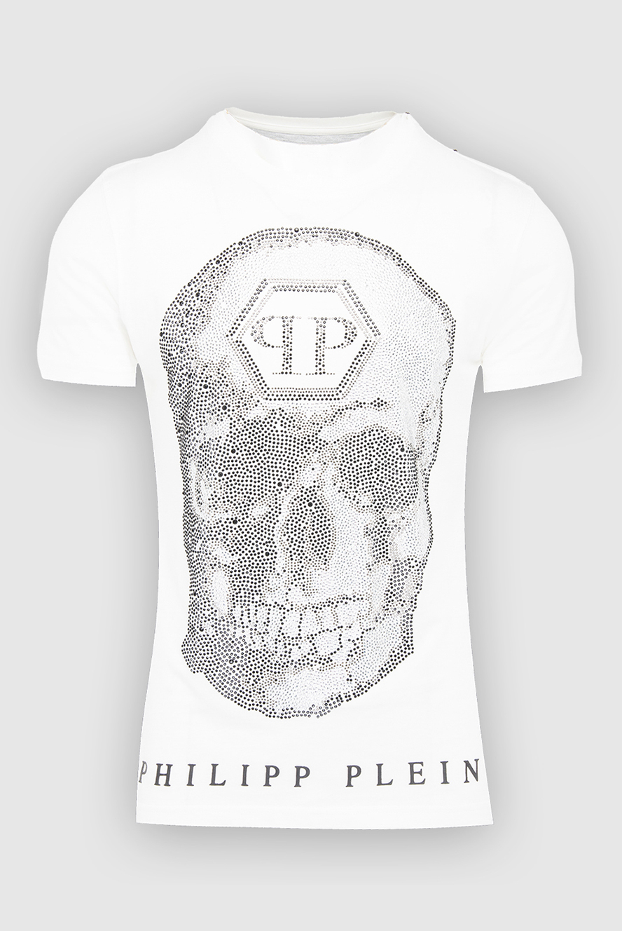 Philipp Plein men's white t-shirt with rhinestone skull and logo