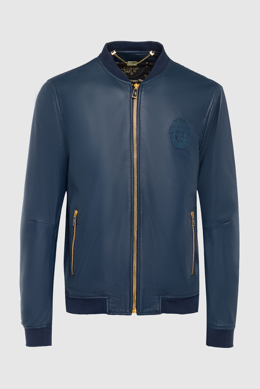 Billionaire mens blue leather bomber jacket with bright zippers