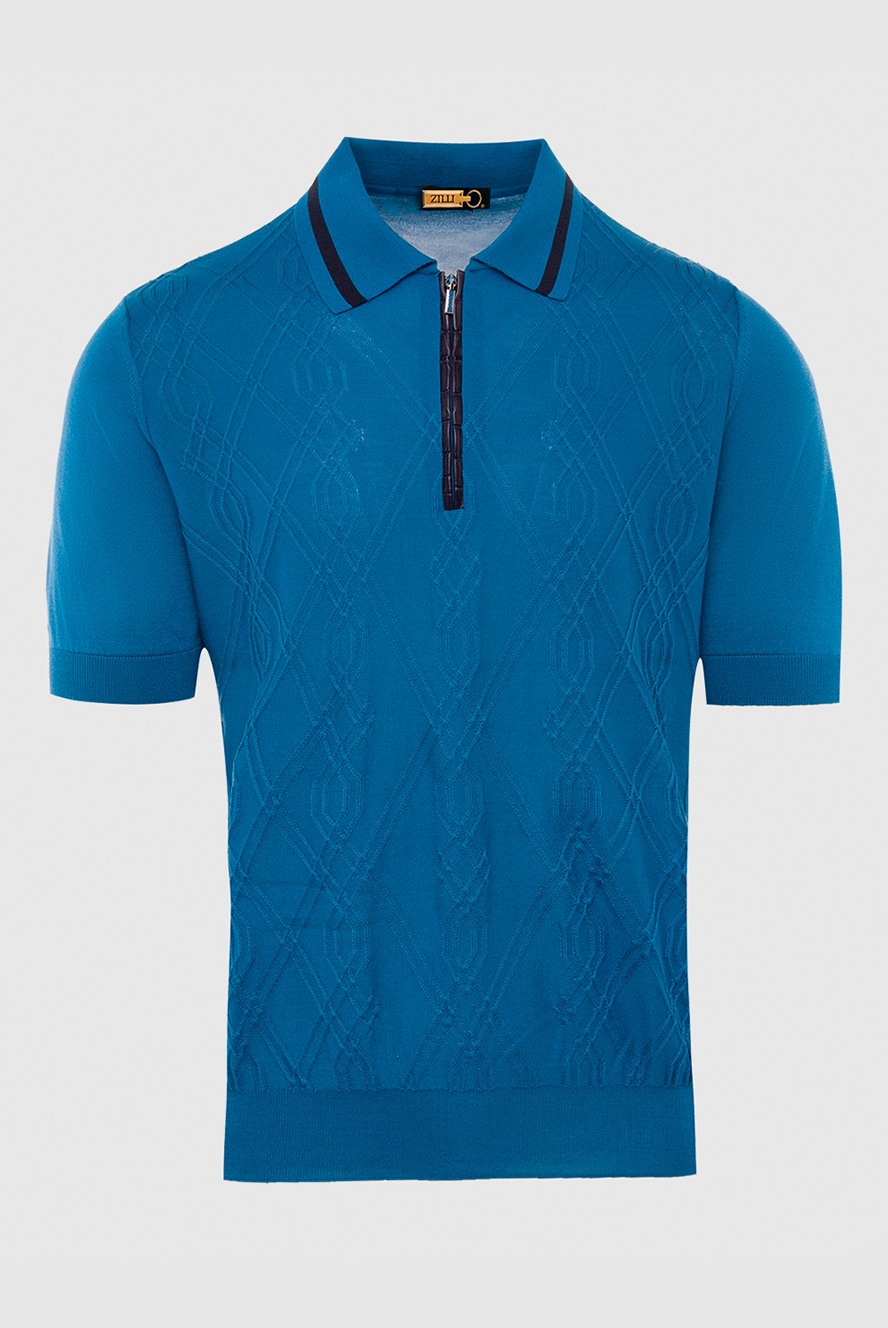Zilli blue embossed silk polo shirt with crocodile leather for men