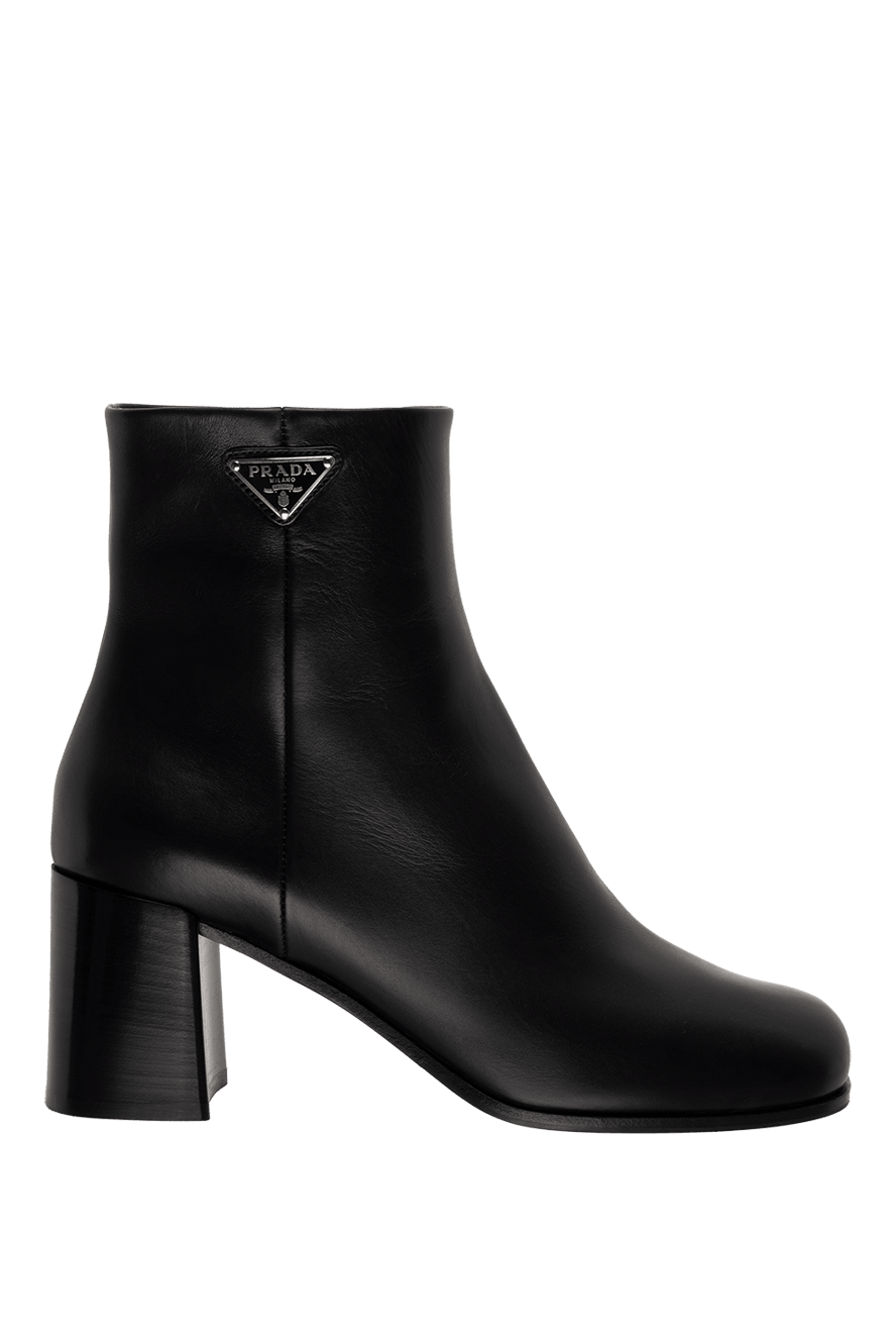 Prada black leather ankle boots decorated with a logo on a high - Main Image