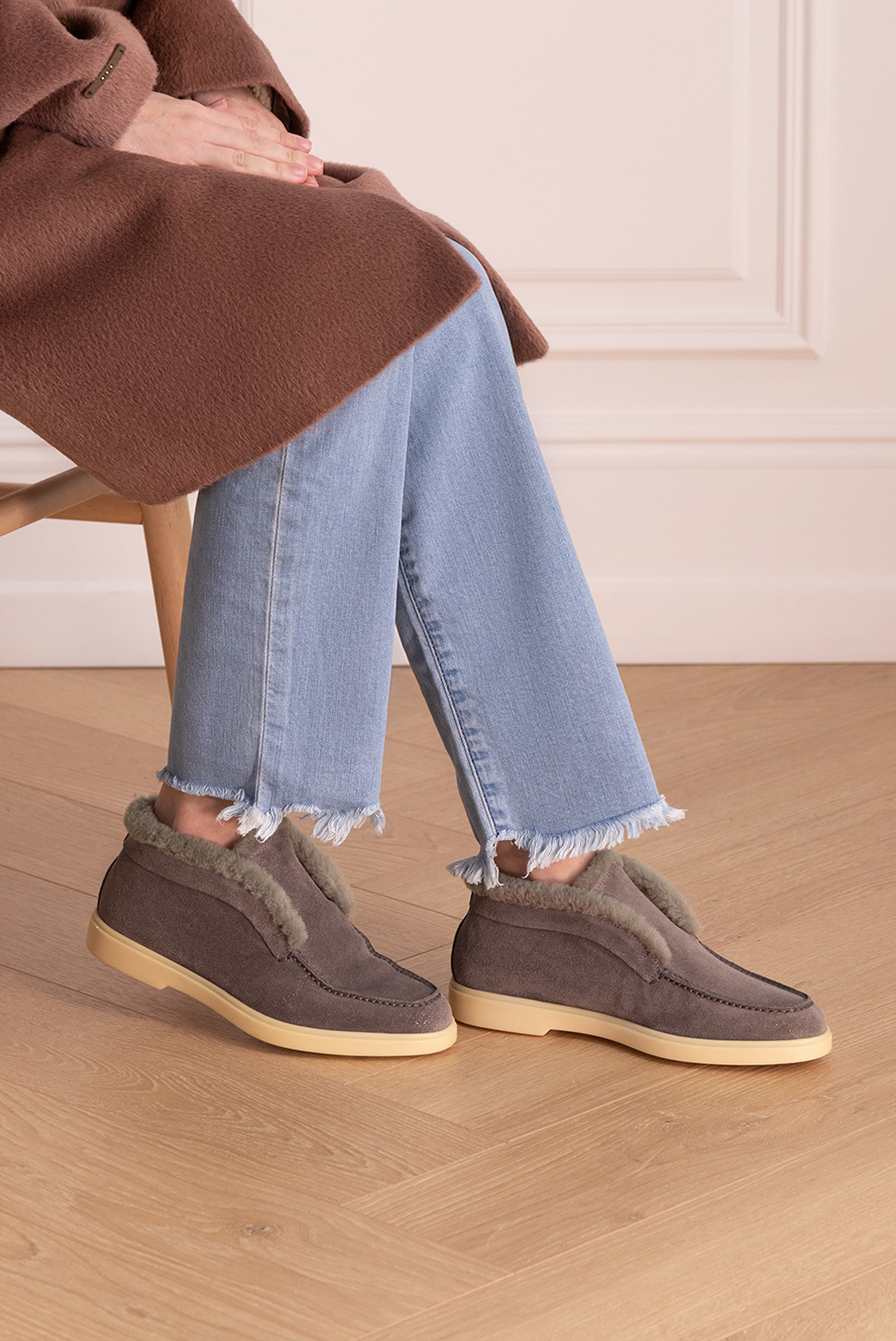 Santoni loafers women's warm suede and fur gray 160875