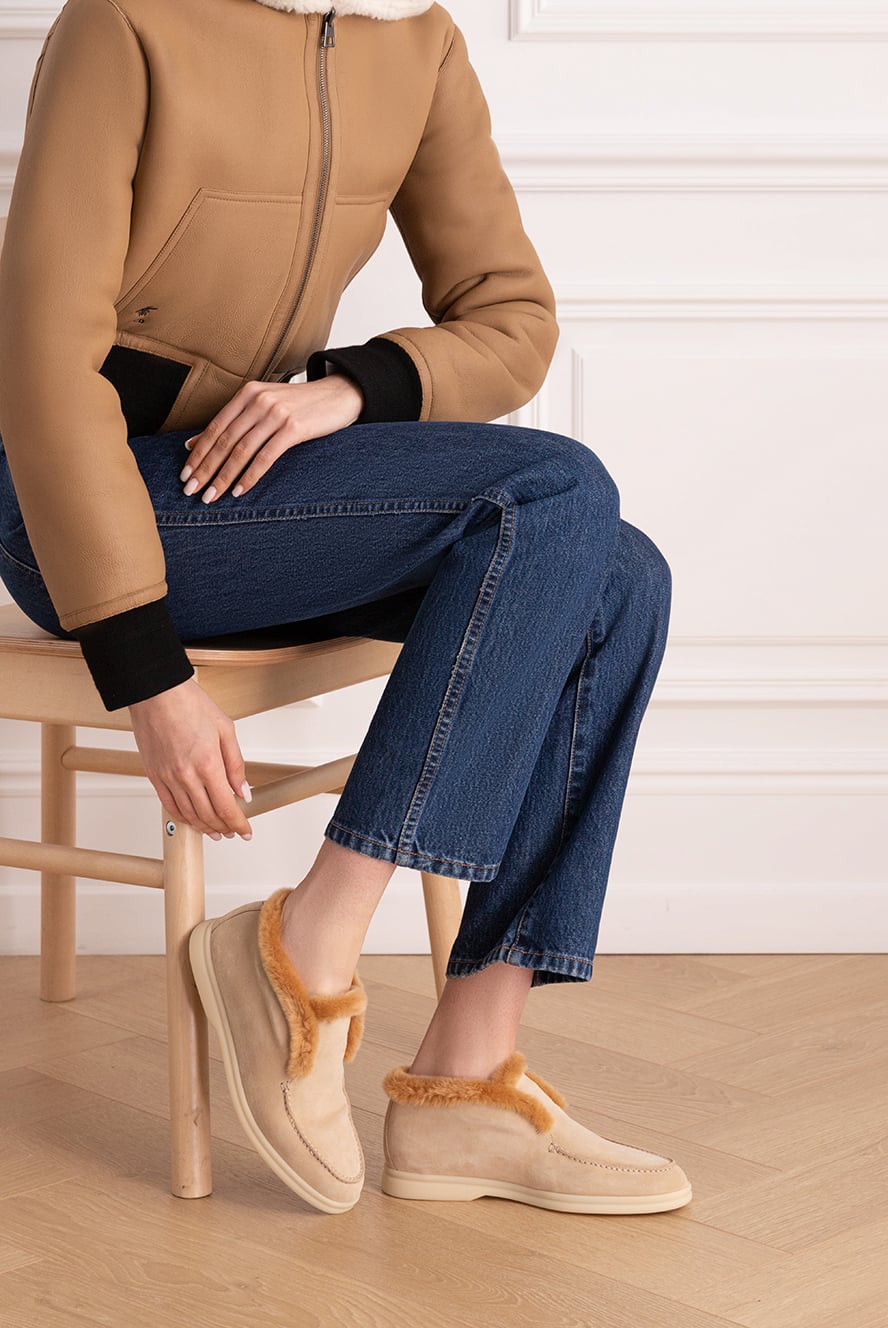 Loro Piana women's beige nubuck and fur loafers 176420 — Women