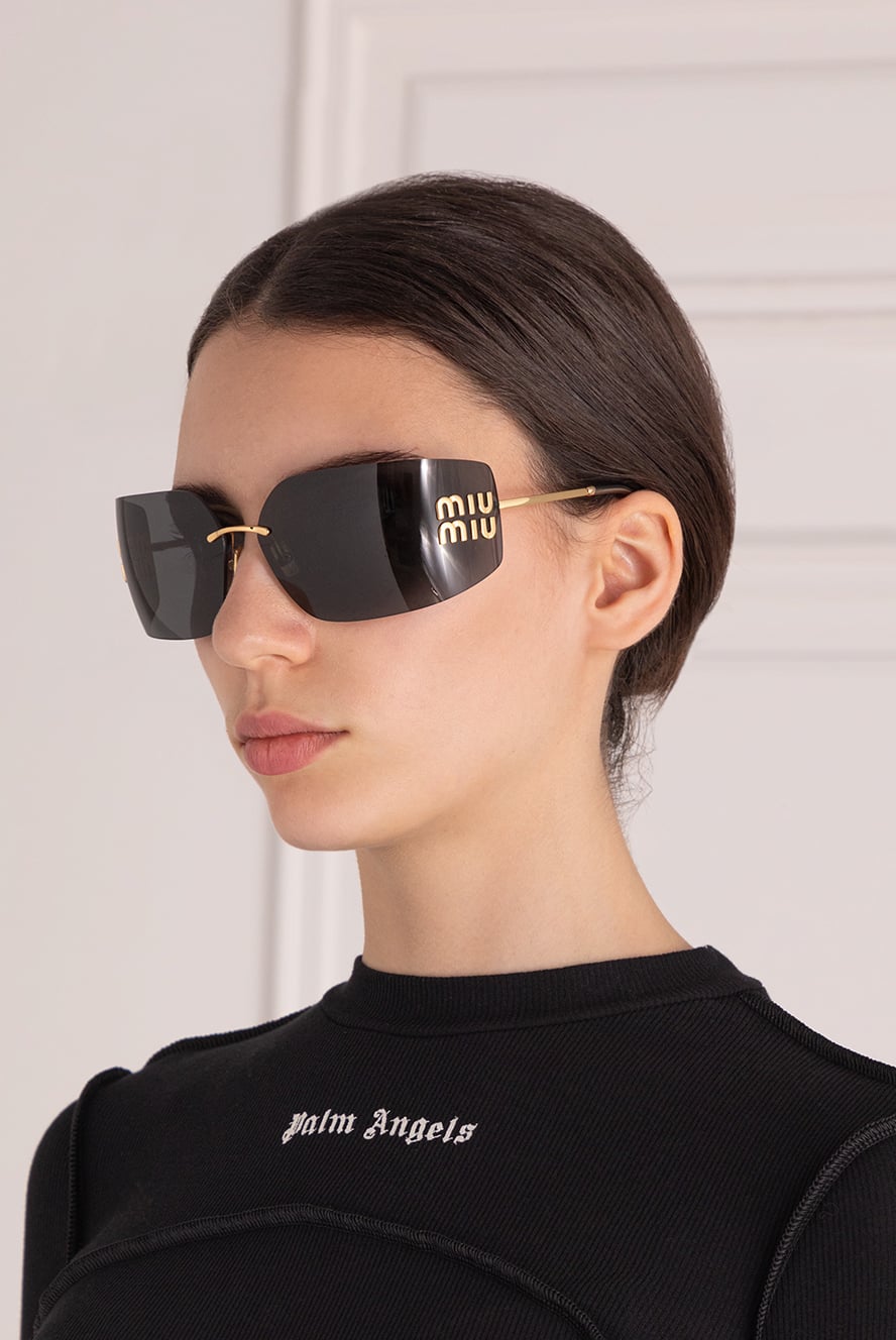 miu miu 黒 NOVELTY Miu Miu женские солнцезащитные очки без оправы с плавным изгибом
