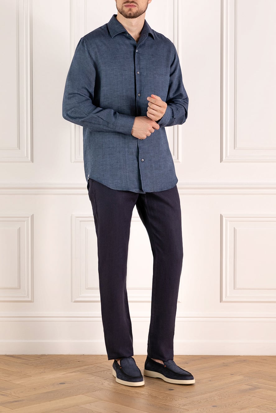 Loro Piana men's blue linen shirt with patch pocket 179667 — Men