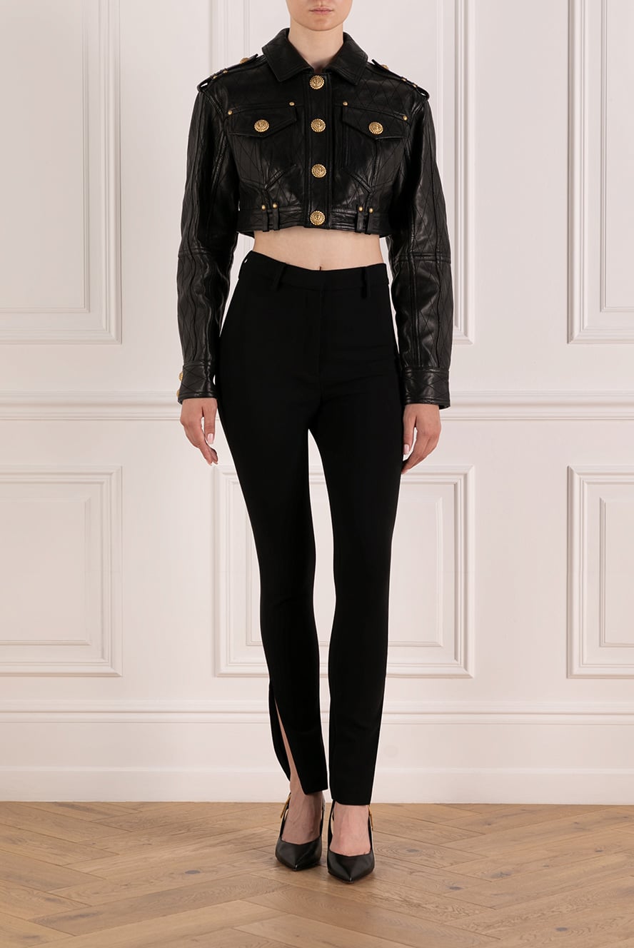 Balmain cropped black leather jacket with raised stitching 179743