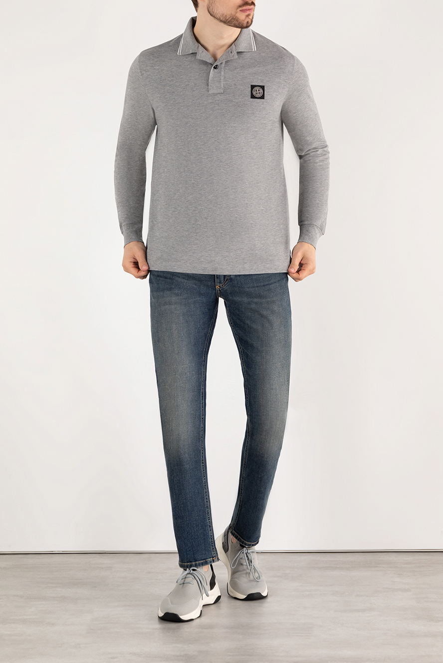 トップス STONE  19SS Cotton Jersey Polo-XL Stone Island gray melange polo with long sleeves for men 185064