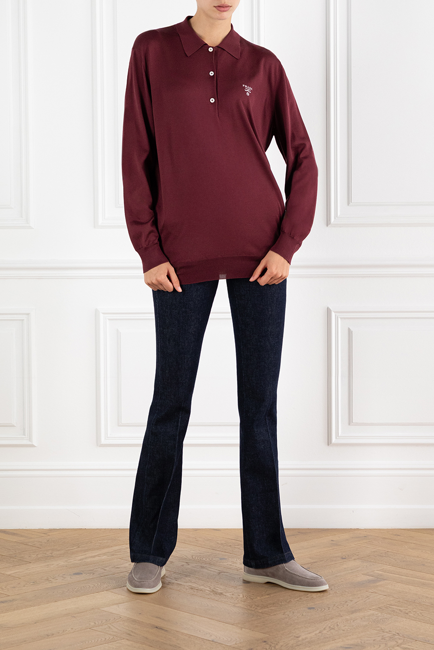 Prada burgundy long sleeve silk polo shirt with logo 185378