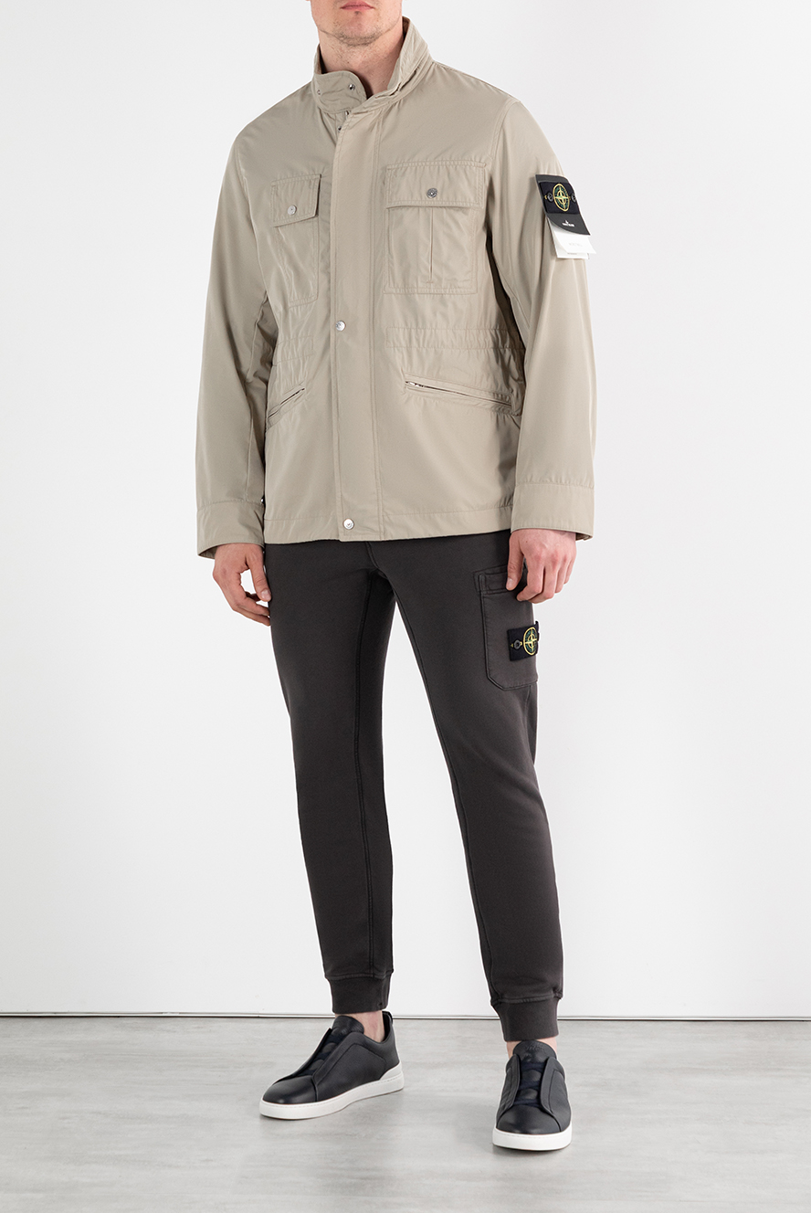 Stone Island куртка бежевая с капюшоном и ассиметричными карманами