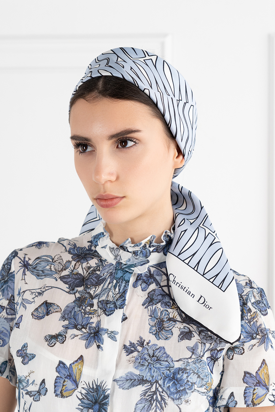 Dior женский шелковый платок голубой с логотипом 187040 — Женские