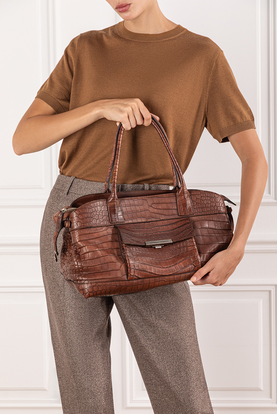 Brunello Cucinelli soft brown crocodile leather tote bag 190336