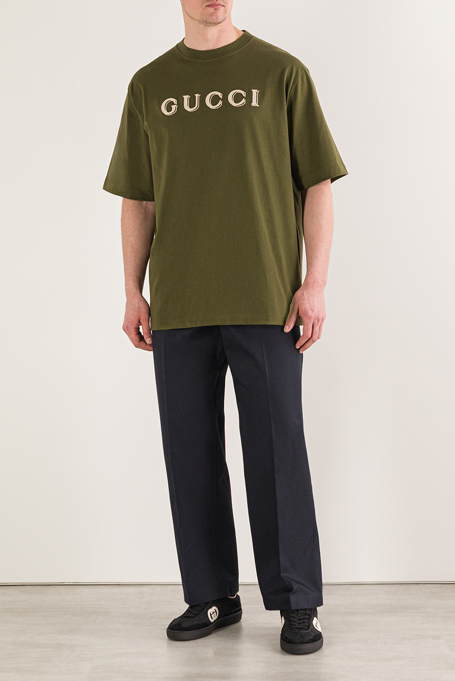 Gucci зеленая мужская футболка cotton jersey t-shirt с вышивкой