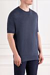 Brunello Cucinelli Blue melange men's T-shirt without a pattern made of linen and cotton - 77% linen, 23% cotton. Country of manufacture: Italy. Care: specialized cleaning - photo 3