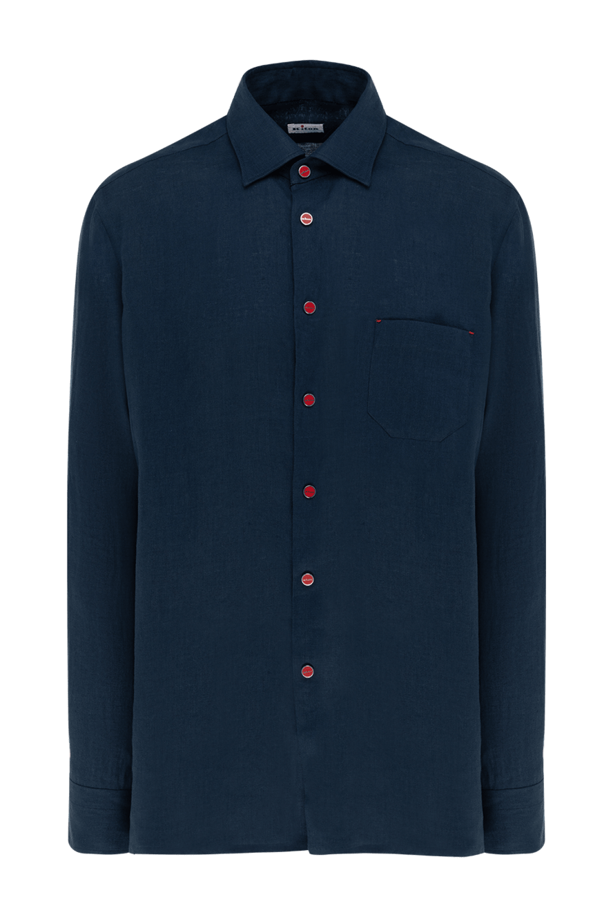 Kiton Men's blue linen shirt - Decor: brand logo. Composition: 100% linen. Closure: buttons. Pockets: one pocket. Country of manufacture: Italy. Care: specialized cleaning - photo 1