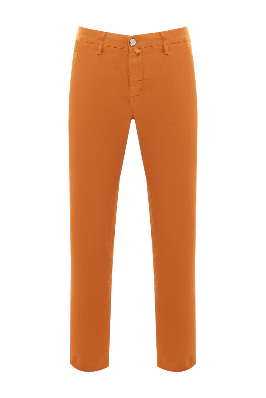 Jacob Cohen Men's cotton and linen trousers in a rich ochre shade with embroidered logo - 51% cotton, 45% linen, 4% elastane. Color: orange. zipper, button. five pockets. Country of manufacture: Italy. Care: specialized cleaning - photo 1