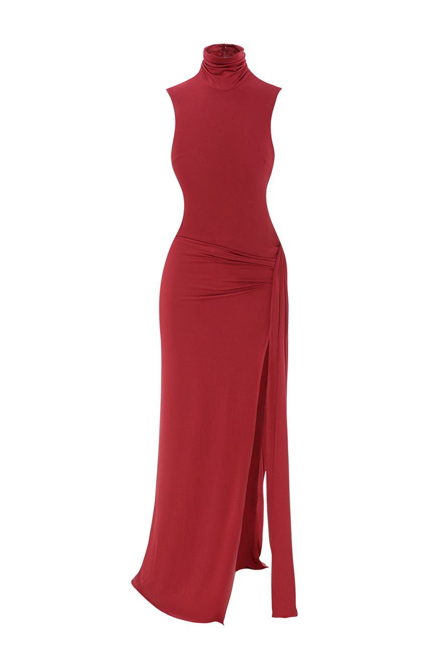 Khela Evening maxi dress with draping and high slit in burgundy shade - drapery. 90% polyester, 10% elastane. Country of manufacture: Italy. Care: specialized cleaning - photo 1