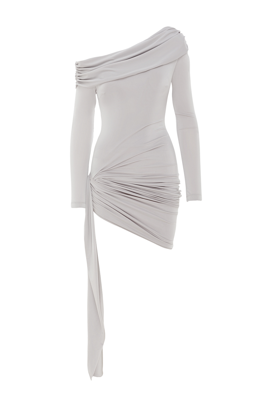 Khela Asymmetrical one shoulder dress with draping and elongated insert gray - drapery. 90% polyester, 10% elastane. Country of manufacture: Italy. Care: specialized cleaning - photo 1