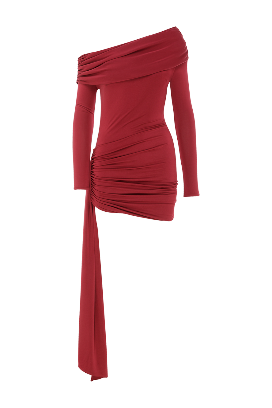 Khela Asymmetrical one shoulder dress with draping and elongated insert burgundy - drapery. 90% polyester, 10% elastane. Country of manufacture: Italy. Care: specialized cleaning - photo 1