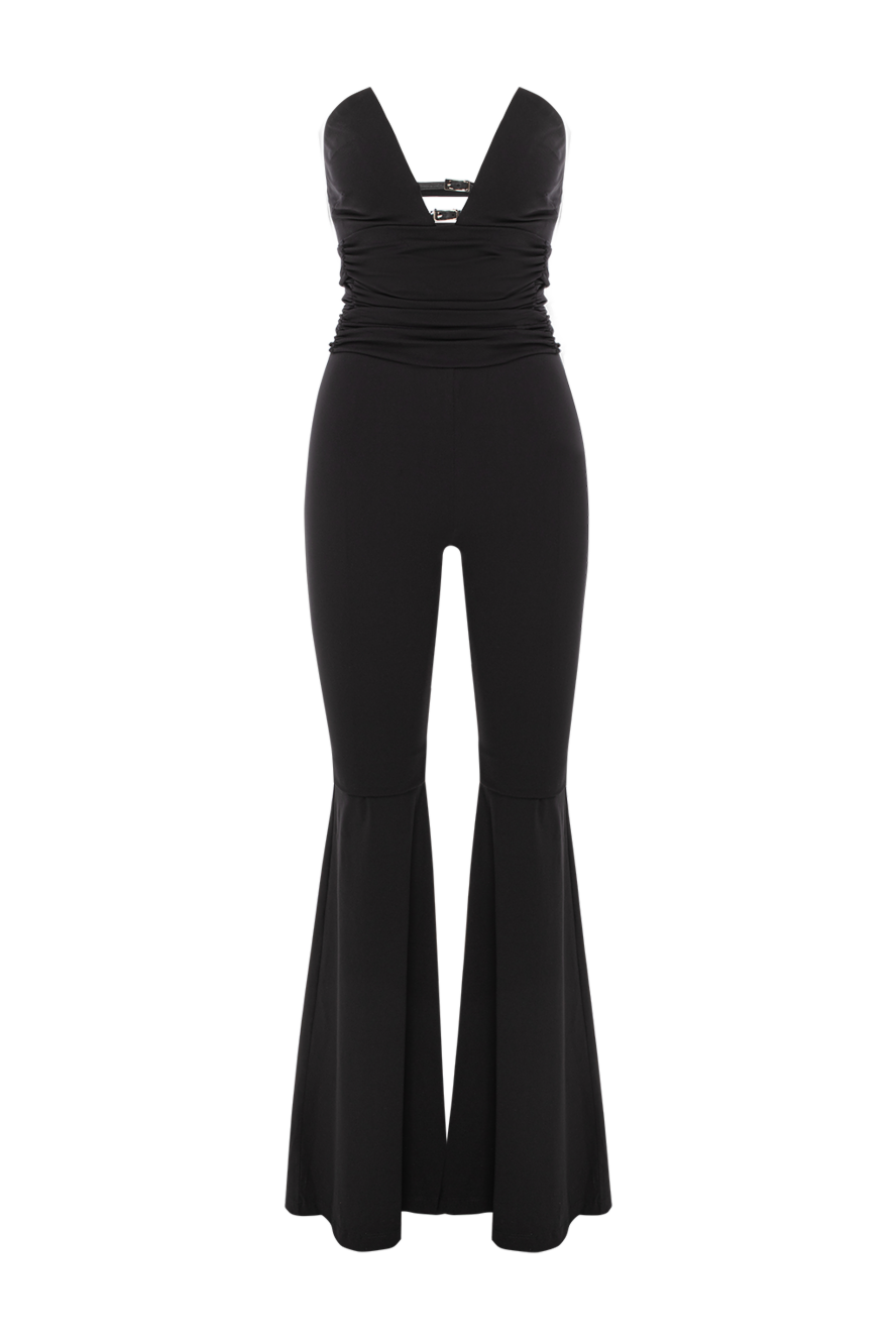 Khela Voodoo Vixen Black Strapless Flared Jumpsuit - Decoration: deep V-neck. 80% polyester, 20% elastane. Fastener: belt, side zipper. Country of manufacture: Italy. Care: specialized cleaning - photo 1