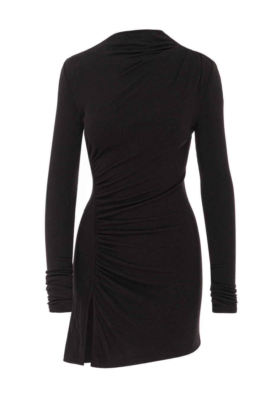Khela Black ribbed mini dress with draped detail and slit - draping. 80% polyester, 20% elastane. back zip and non-slip silicone lining. Country of manufacture: Italy. Care: specialized cleaning - photo 1