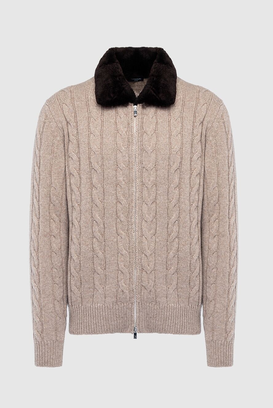 Tombolini men's wool cardigan with a braid pattern and a fur