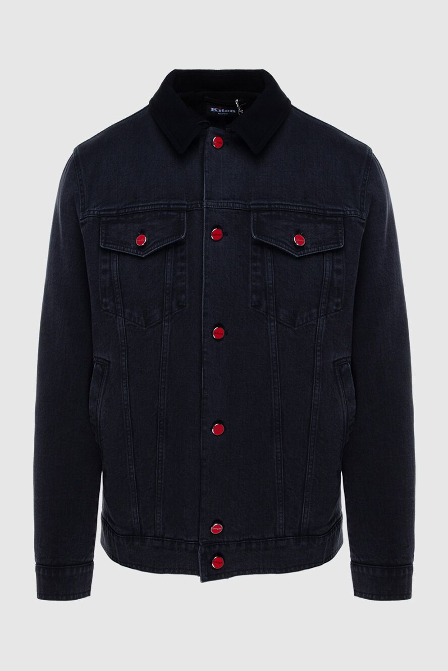 Kiton black cotton denim jacket with red buttons and flap pockets