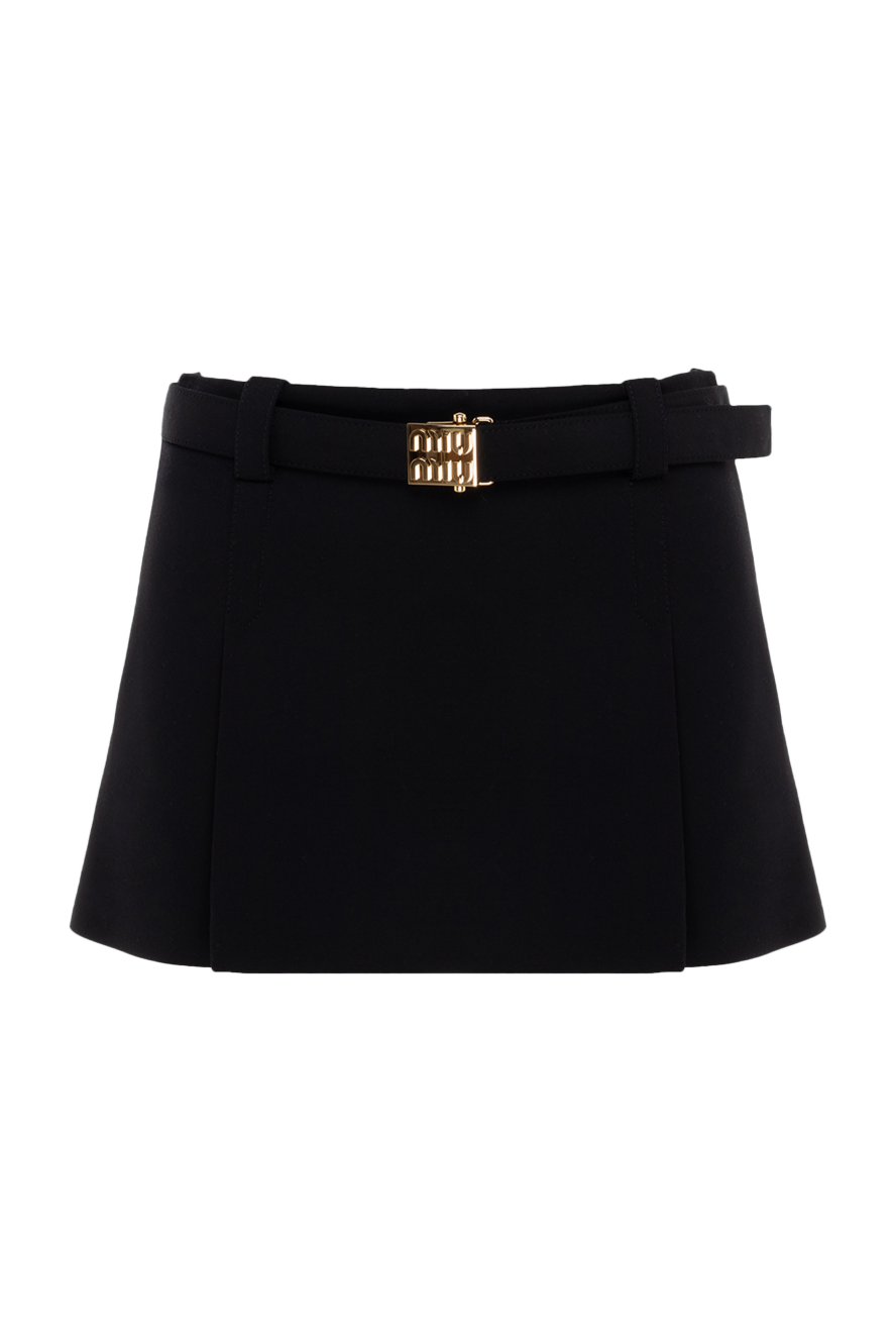 Miu Miu black mini skirt with a gold-plated logo buckle on