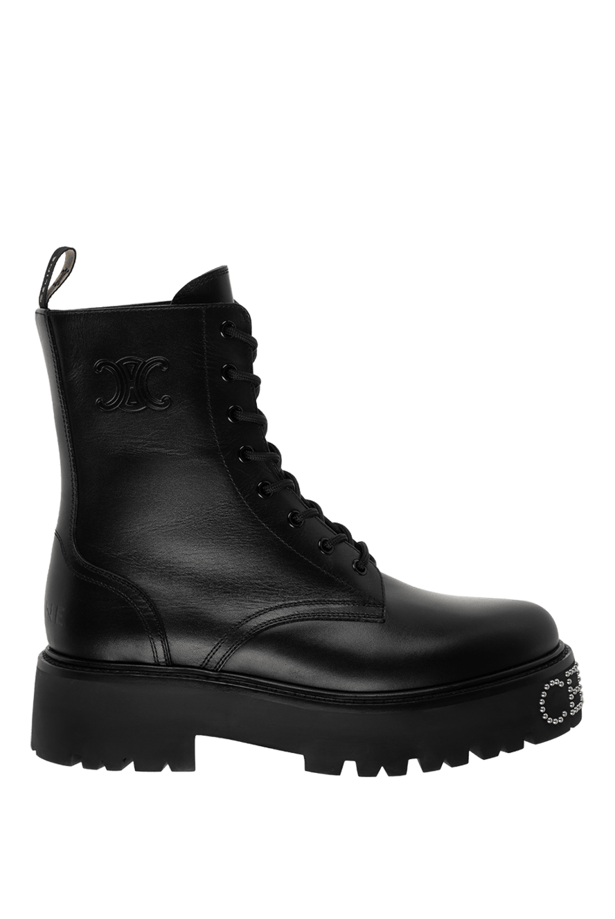 Celine leather boots decorated with brand name in rhinestones on