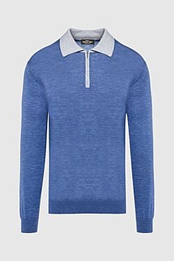 Silk and cashmere long sleeve polo blue for men