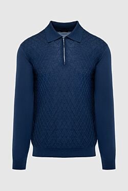 Wool, silk and cashmere long sleeve polo blue for men
