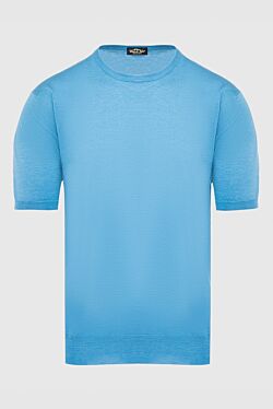Short sleeve jumper in silk and cotton blue for men