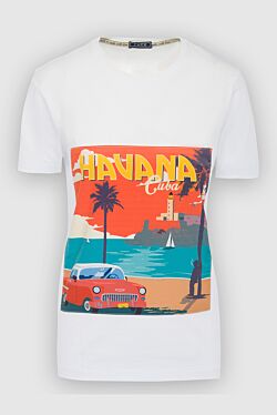 Women's cotton white t-shirt with Hawaiian print
