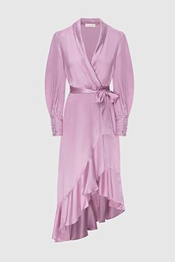 Women's purple silk midi dress with long sleeves and a belt