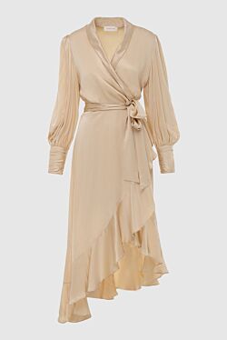 Women's long beige silk dress with long sleeves and a belt