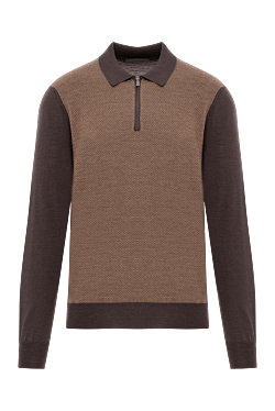 Long sleeve polo shirt in brown wool with contrast sleeves and collar