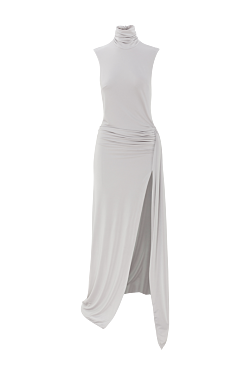 Floor-length grey dress with draping and high slit made of flowing silky jersey