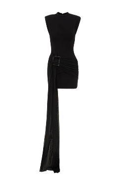 Black stretch draped mini dress with accent buckle