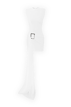 White stretch draped mini dress with accent buckle