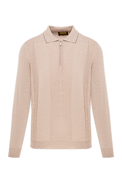 Men's beige knitted long sleeve polo shirt