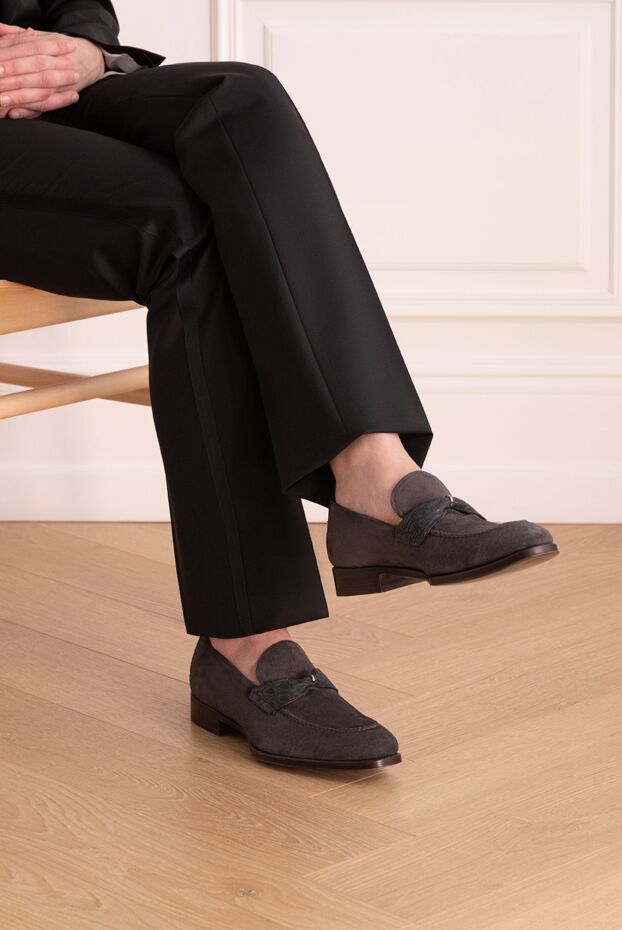 Max Verre men's loafers made of soft grey suede with elements of genuine crocodile leather 115695 - photo 2