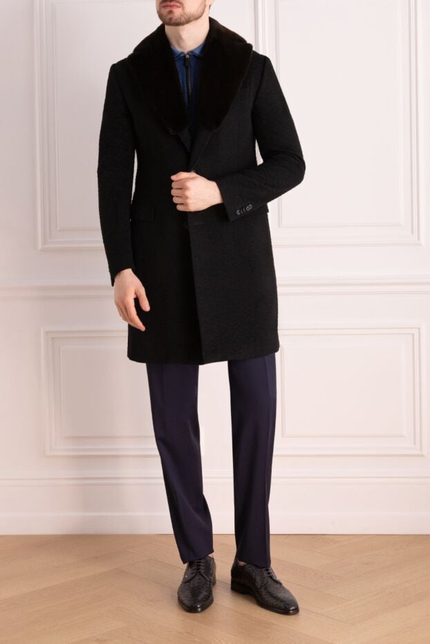Men's black wool chesterfield coat with a fur shawl collar - photo 2