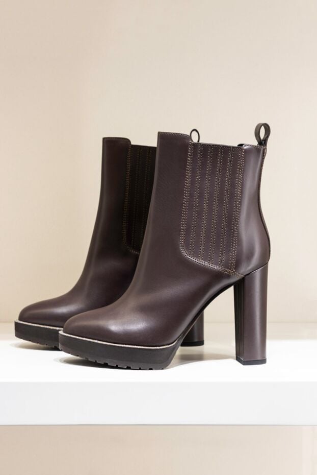 Women's brown leather boots with shiny details - photo 2