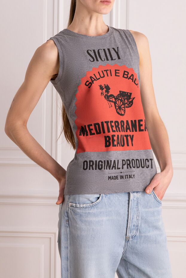Dolce & Gabbana grey cotton tank top with accent red mediterranean beauty print 133691 - photo 3