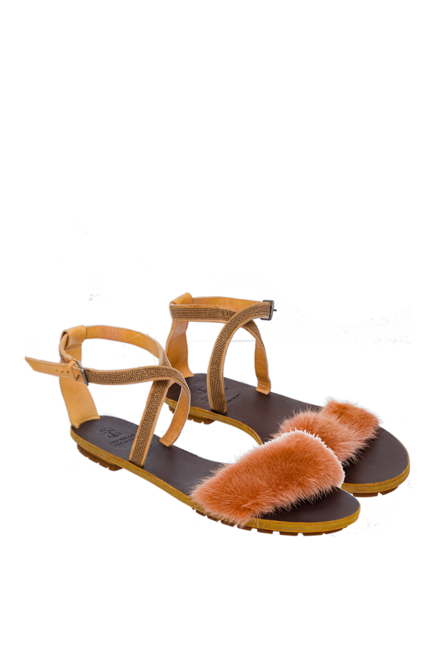 Brunello Cucinelli women's leather sandals with a shiny stripe and fur, beige 134935 - photo 3