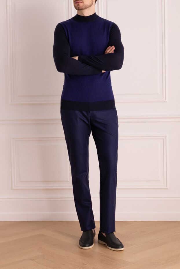 Umberto Vallati men's blue jersey jumper with jacquard texture and stand-up collar 137357 - photo 2