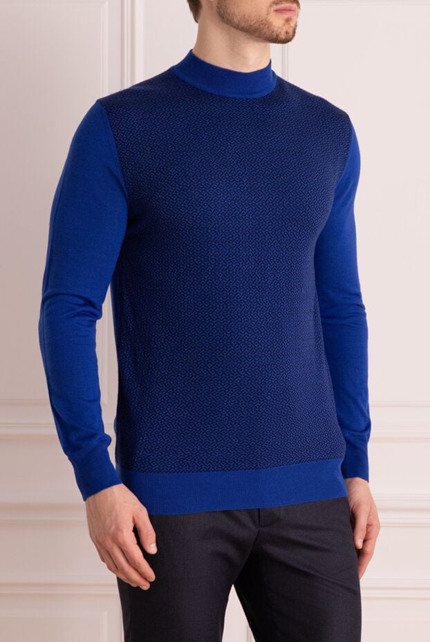 Umberto Vallati blue jumper with contrast geometric pattern on front for men 137783 - photo 3