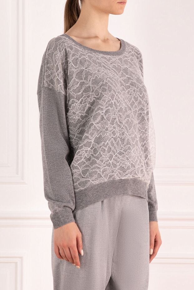 Casheart grey wool and cashmere womens jumper with contrasting lace on the front 138560 - photo 3
