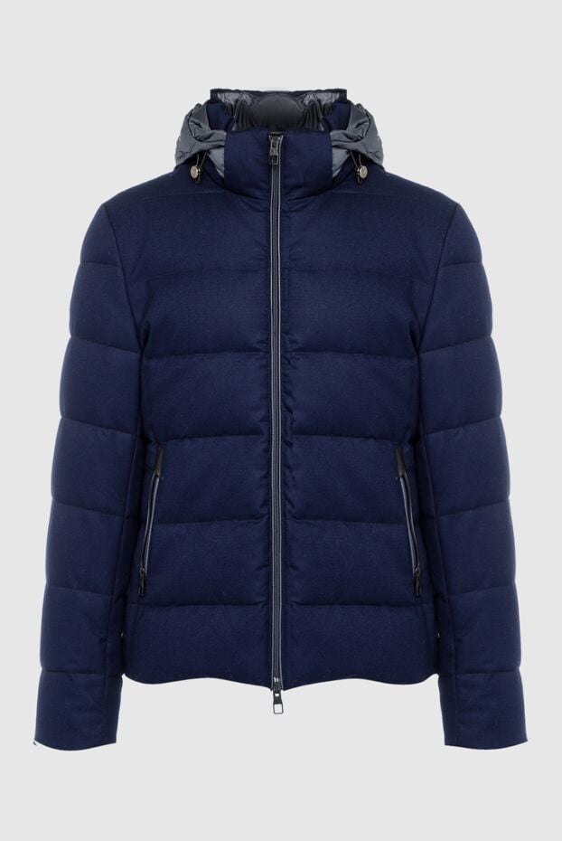 Men's dark blue wool down jacket with contrasting hood - photo 1