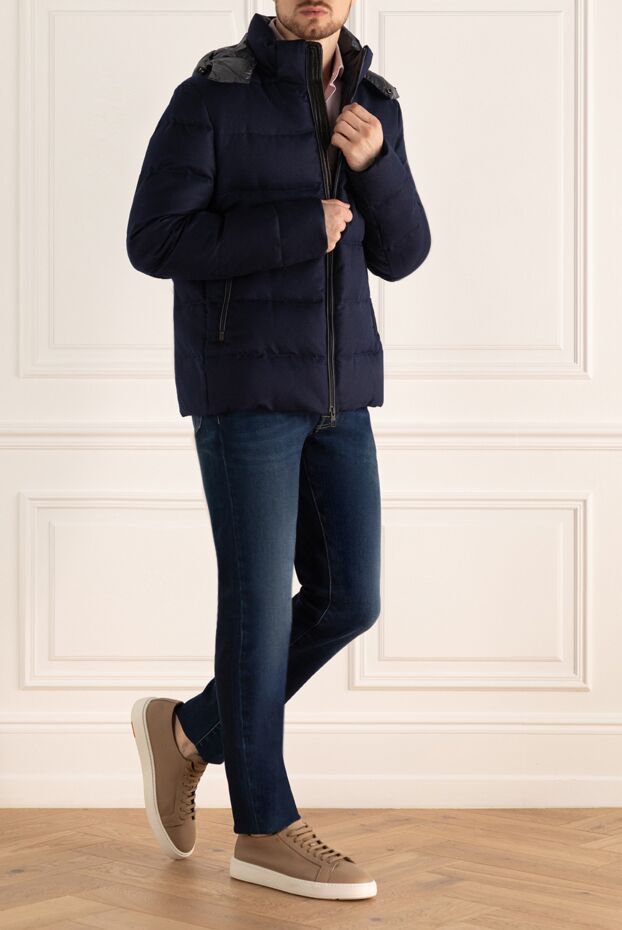 Men's dark blue wool down jacket with contrasting hood - photo 2