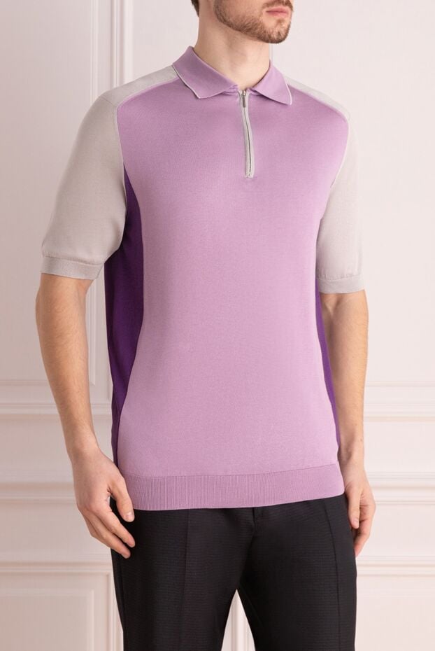 Cesare di Napoli men's pink silk polo shirt with contrast inserts and zipper 139698 - photo 3