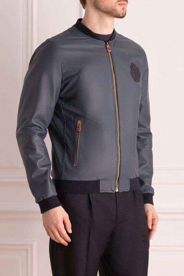 Billionaire mens blue leather bomber jacket with bright zippers 139918 - photo 3